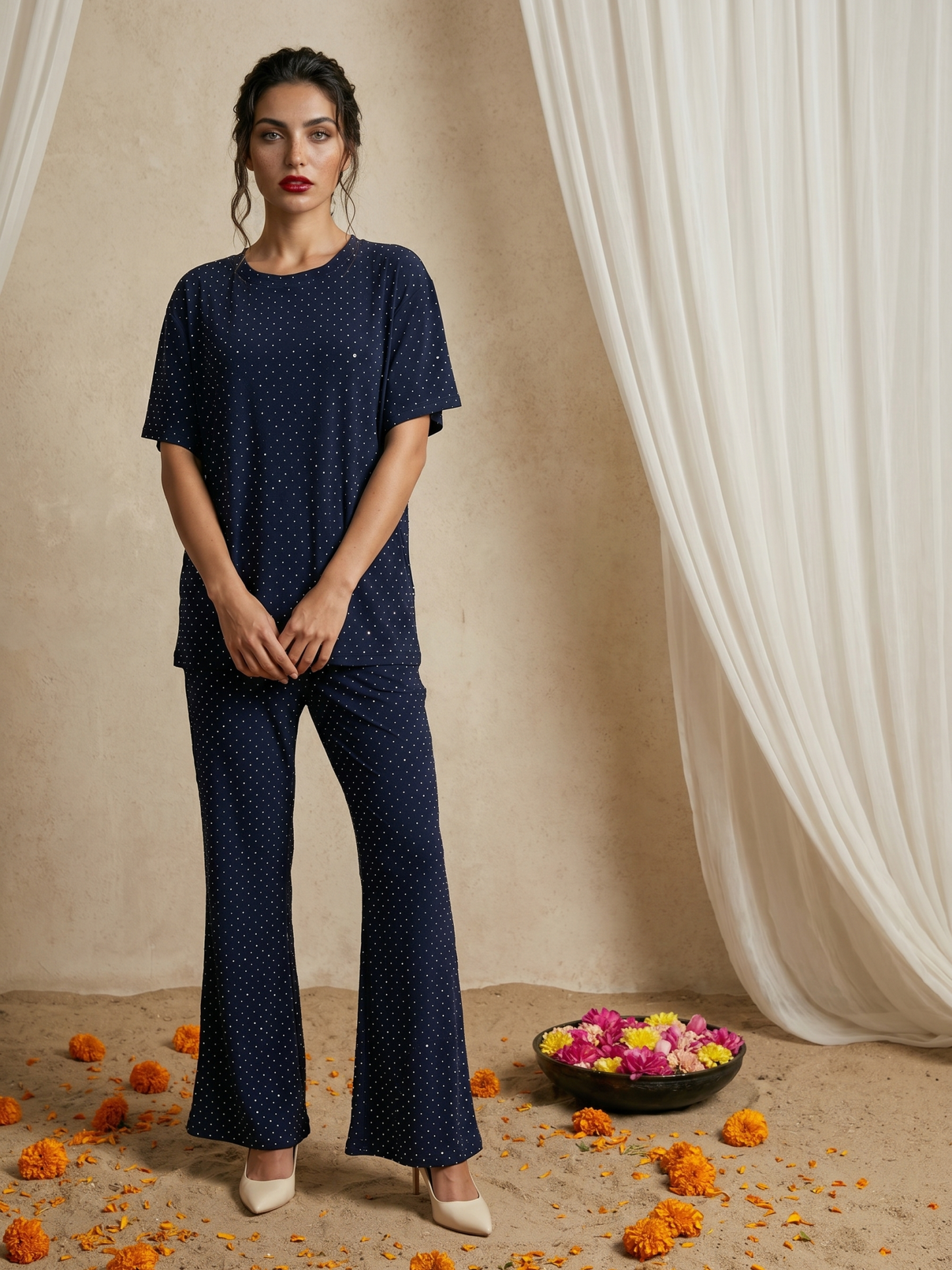 Women's Sparkly Two-Piece Top and Wide-Leg Pants Set