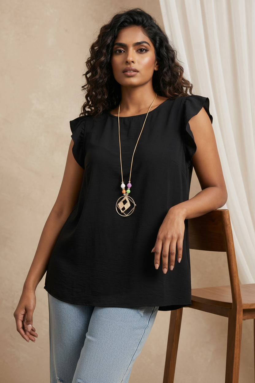 Women's Elegant Black Flutter Cap Sleeve Blouse