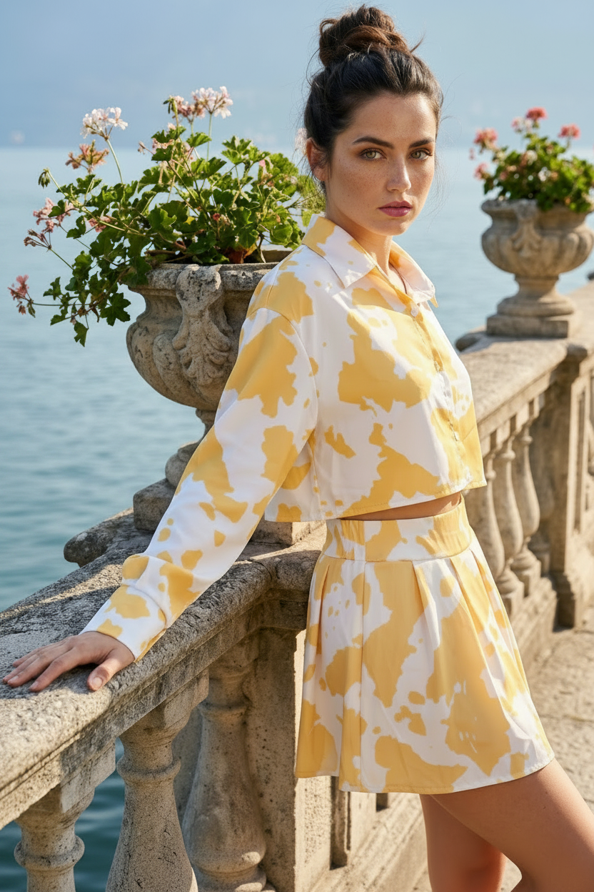 Women's Yellow and White Abstract Print Cropped Long Sleeve Shirt