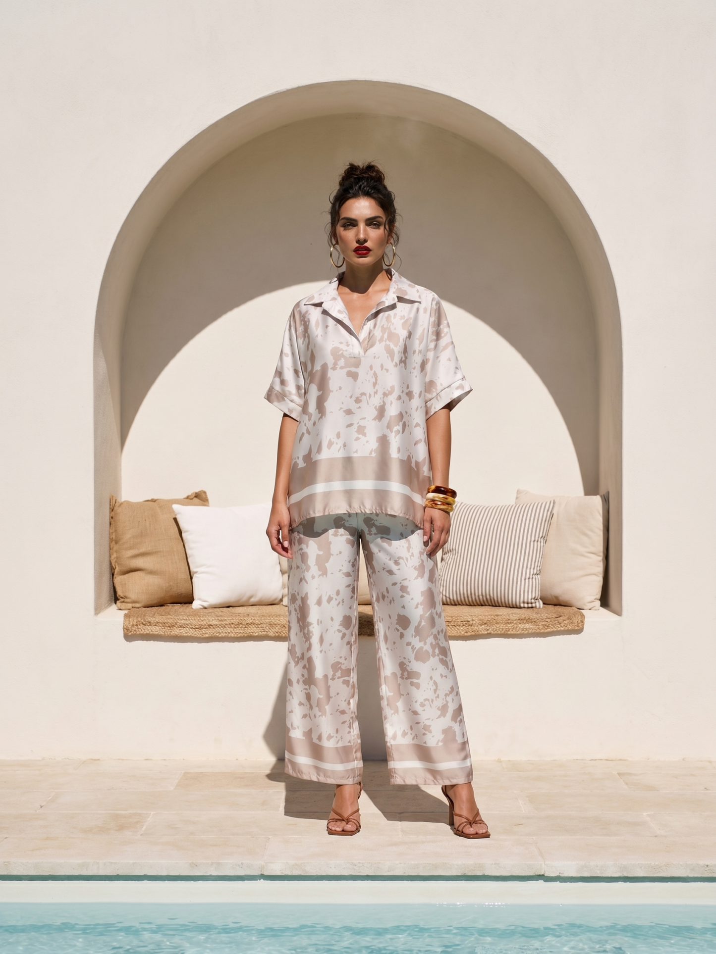 Made in Italy Abstract Print Satin Blouse in Beige
