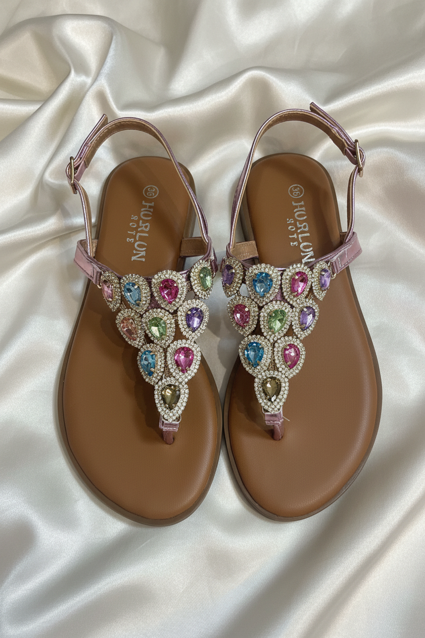 Sandali gioiello rosa con strass e pietre colorate Taglie 36/40