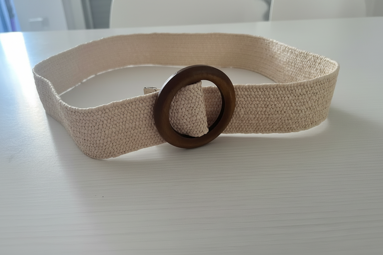 Cintura larga con fibbia rotonda in legno