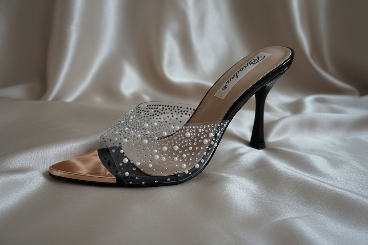Mules con tacco con strass e perle