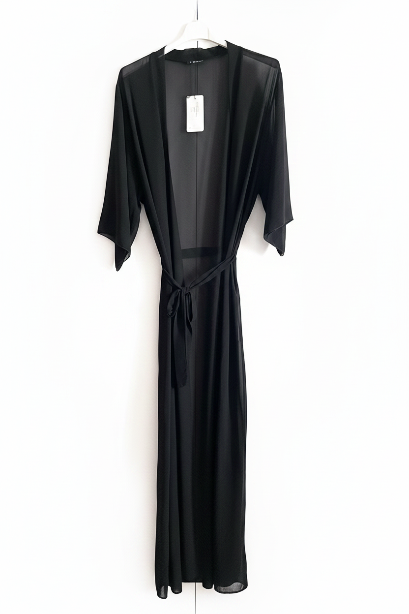 Kimono lungo nero in chiffon con cintura taglia unica 44/50
