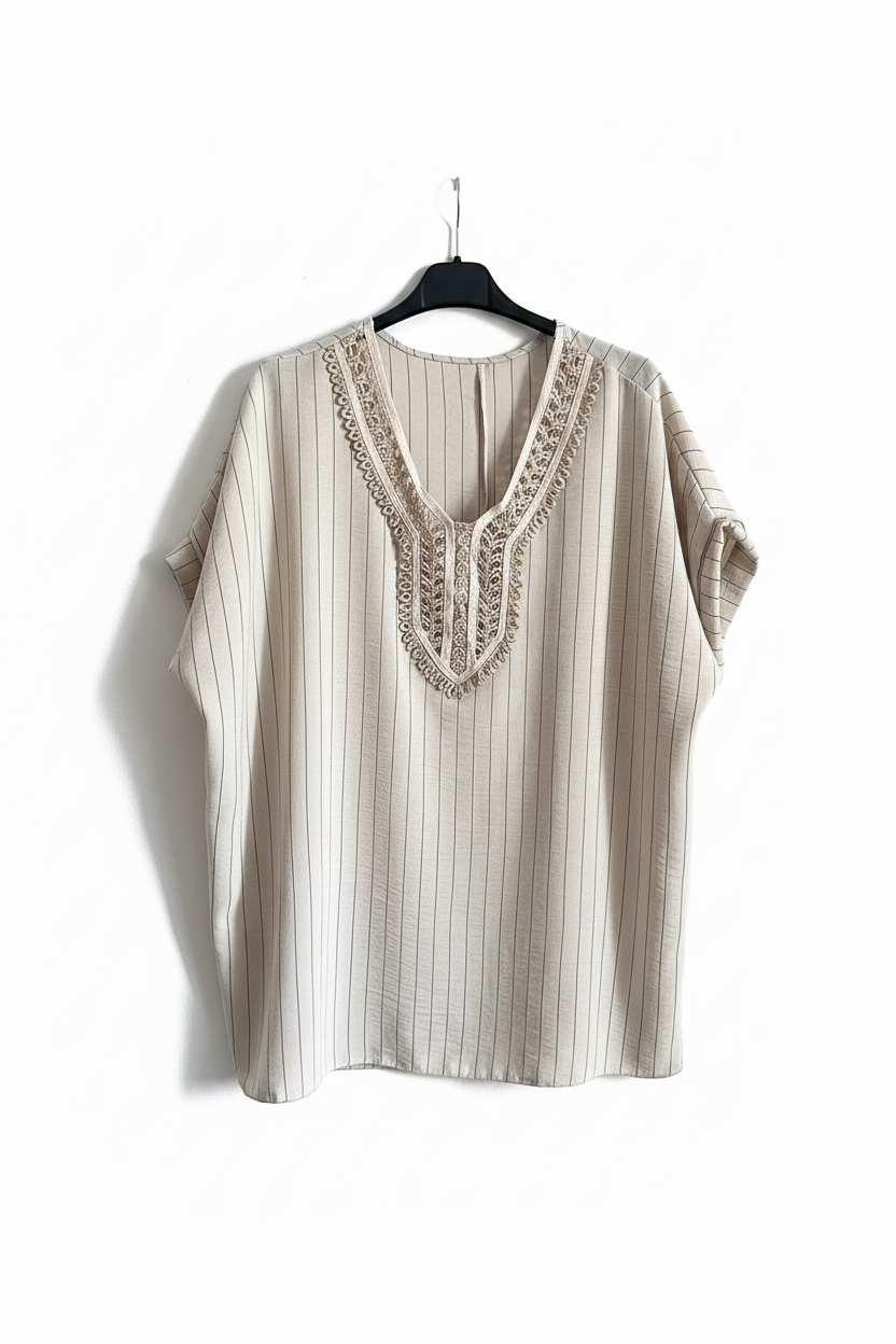 Blusa stile etnico a righe beige con scollo ricamato taglia unica 40/46