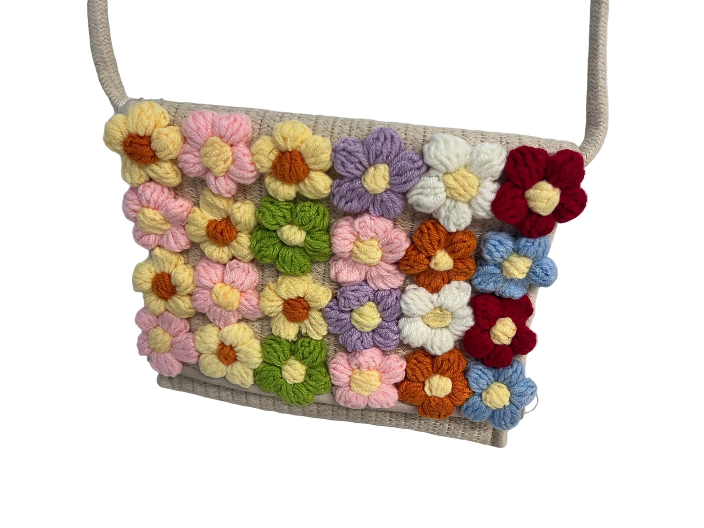 Borsa a tracolla in rafia con fiori 3D multicolor - dettaglio fiori all'uncinetto