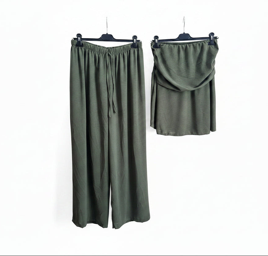 Coordinato verde militare pantalone wide leg e top a fascia