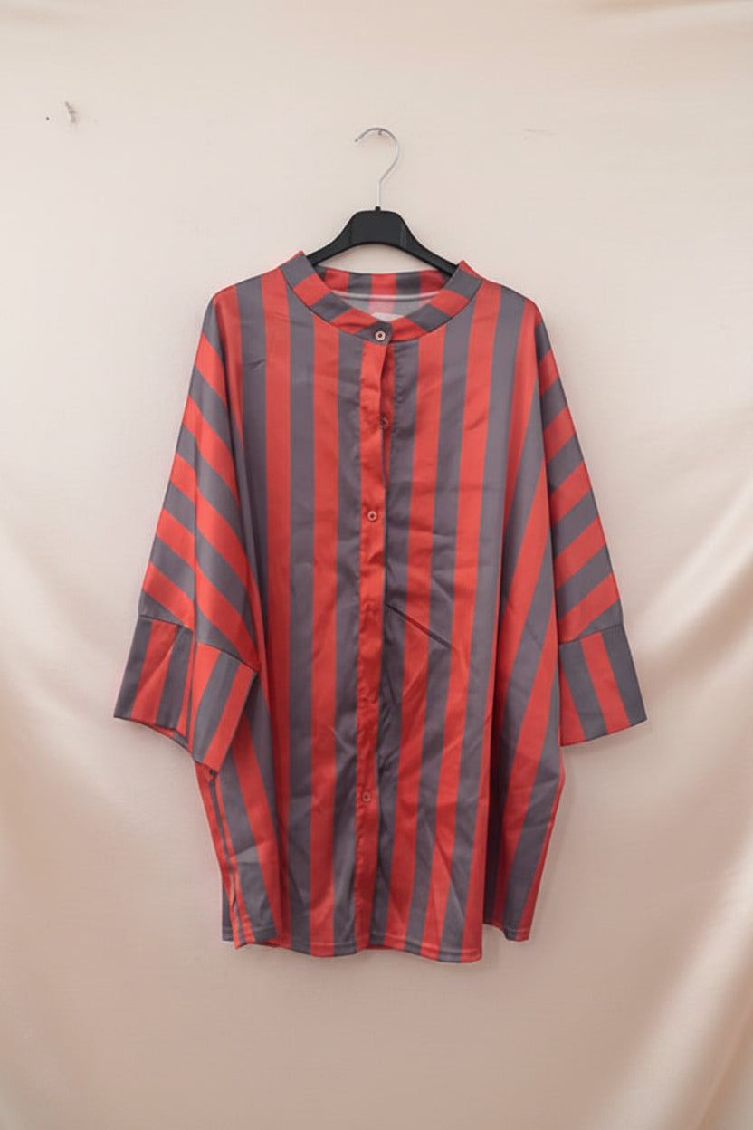 Camicia oversize a righe rosse e grigie con collo alla coreana