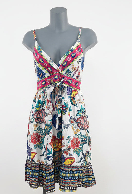 Vestito midi floreale bianco/fucsia con scollo V incrociato