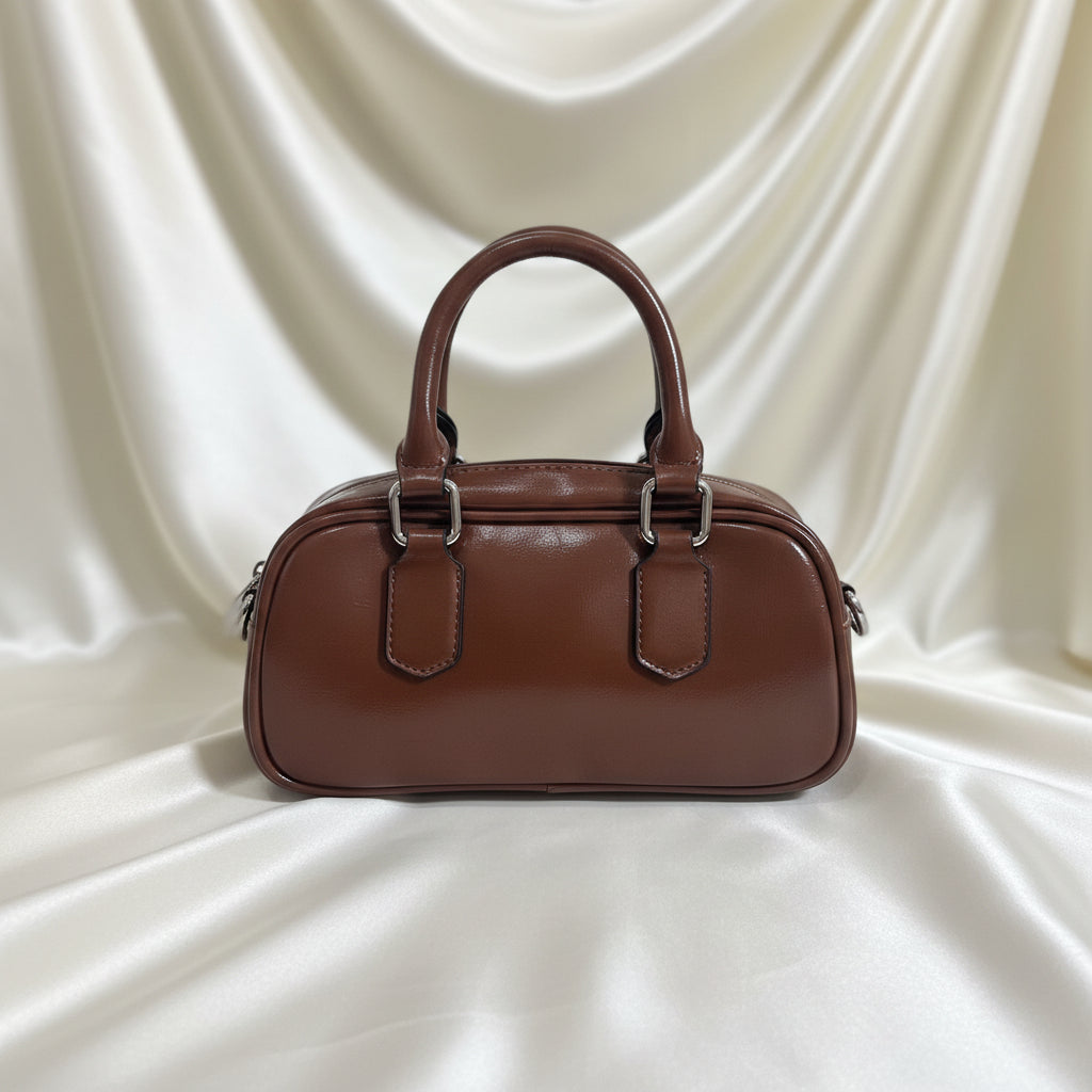 Mini bowling bag marrone - vista posteriore con manici corti