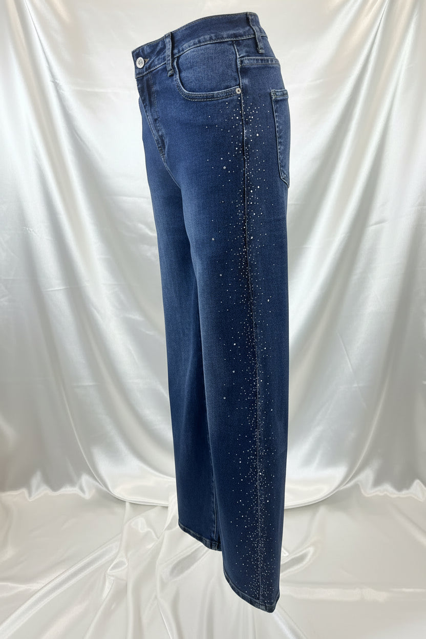 Jeans wide leg blu con strass - vista laterale sinistra dettaglio cascata