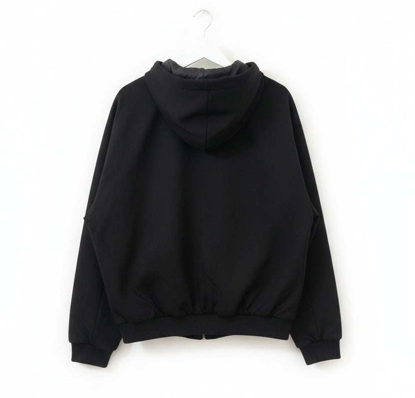 Felpa con cappuccio nera zip frontale - vista posteriore con cappuccio