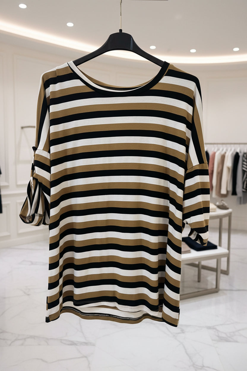 T-shirt oversize a righe kaki e nero con maniche annodate