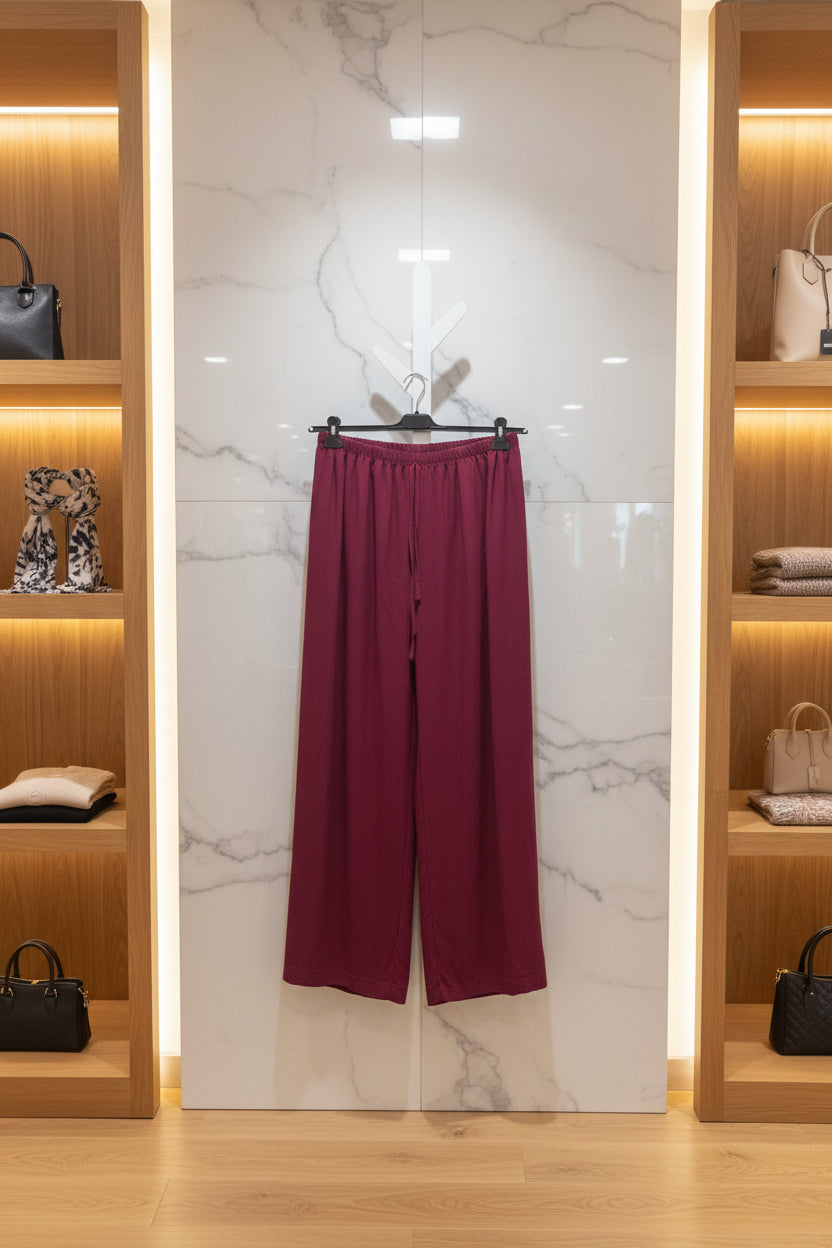 Pantalone palazzo bordeaux con vita elastica - dettaglio del completo fluido