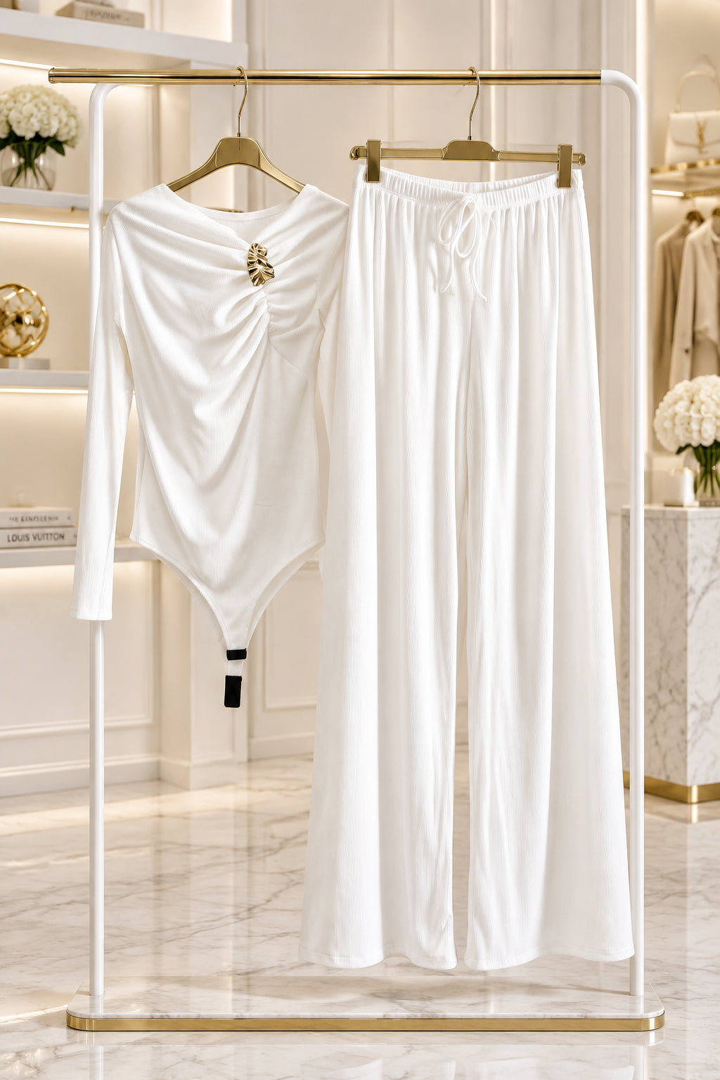 Body bianco drappeggiato con dettaglio dorato e pantaloni bianchi ampi con laccetto