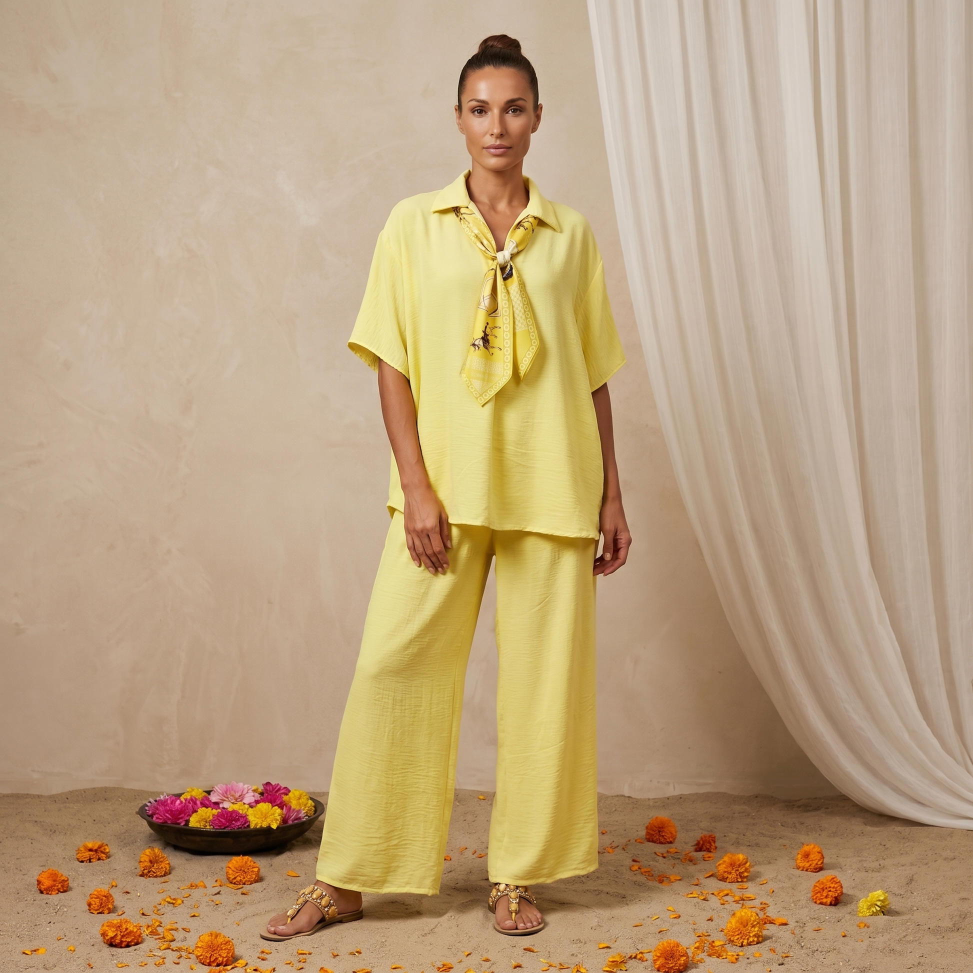Women's Yellow Two-Piece Matching Set with Scarf Detail