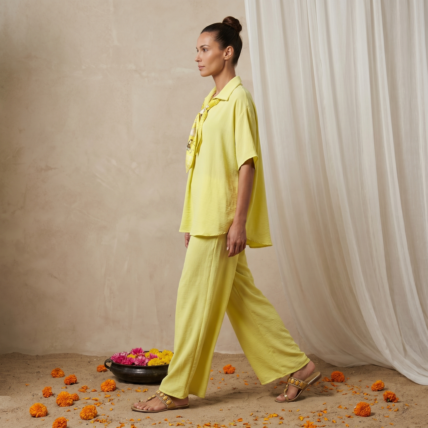 Women's Yellow Two-Piece Matching Set with Scarf Detail