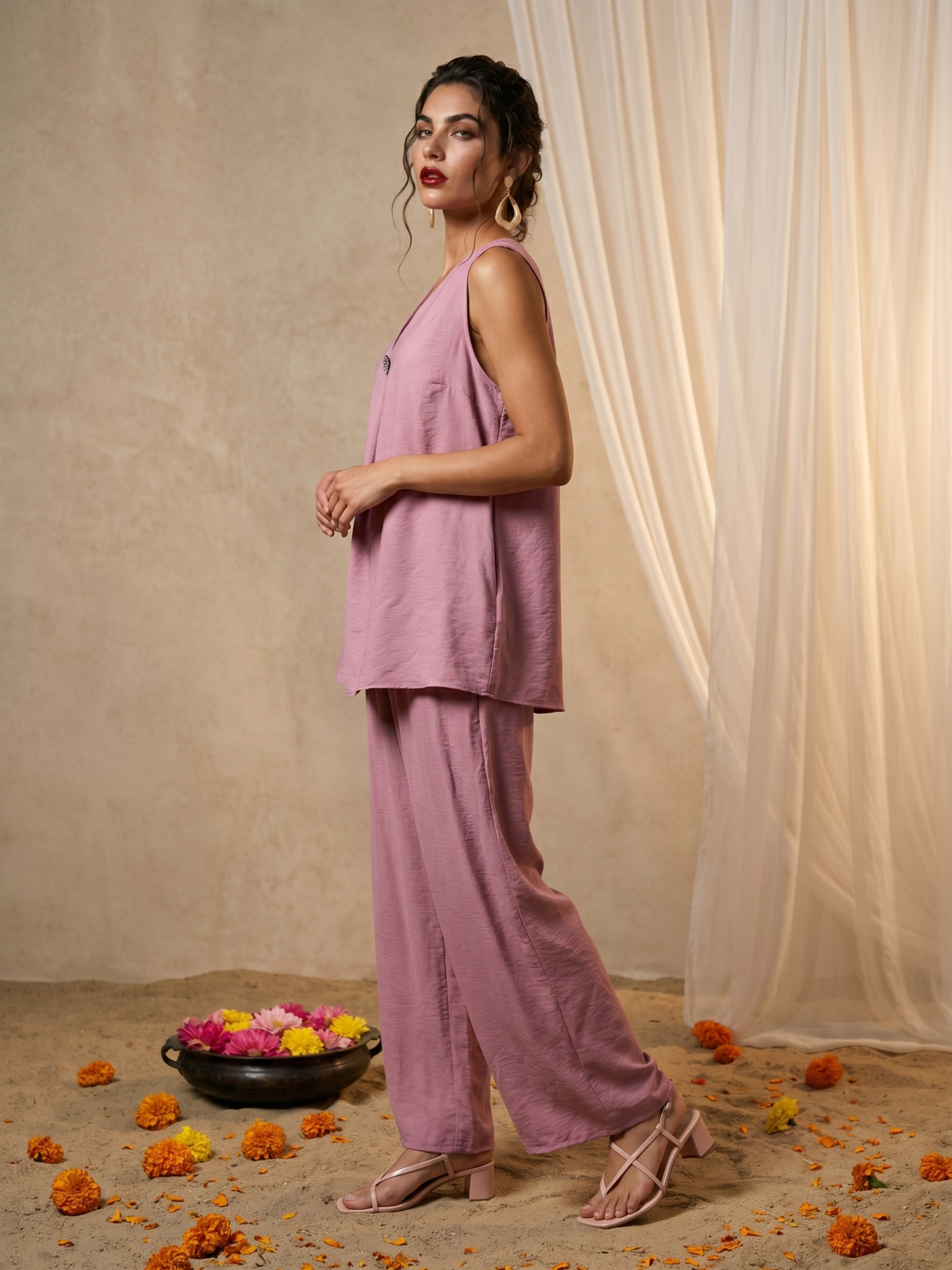 Women's Pink Sleeveless V-Neck Top and Wide-Leg Pants Set