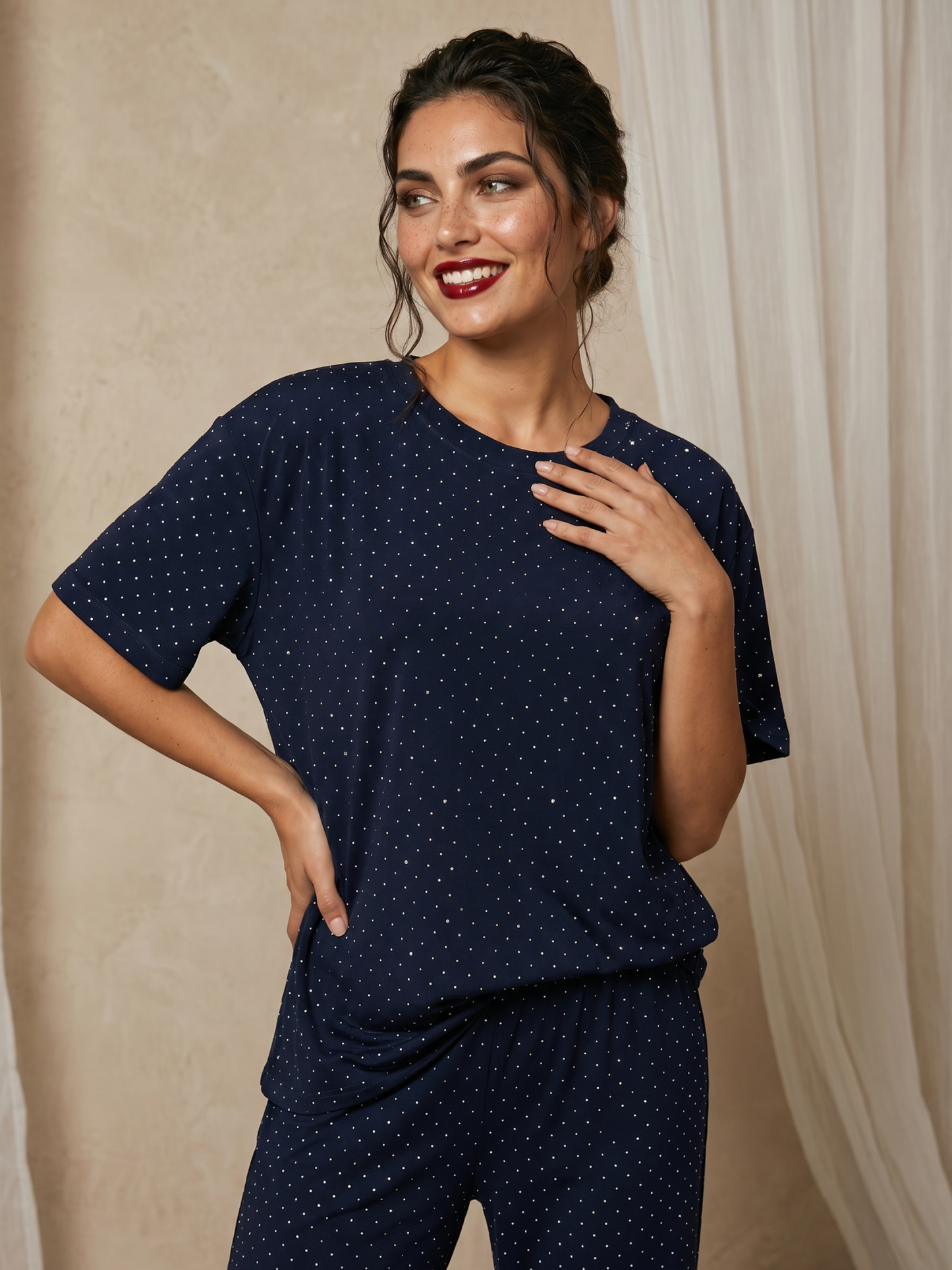 Women's Sparkly Two-Piece Top and Wide-Leg Pants Set