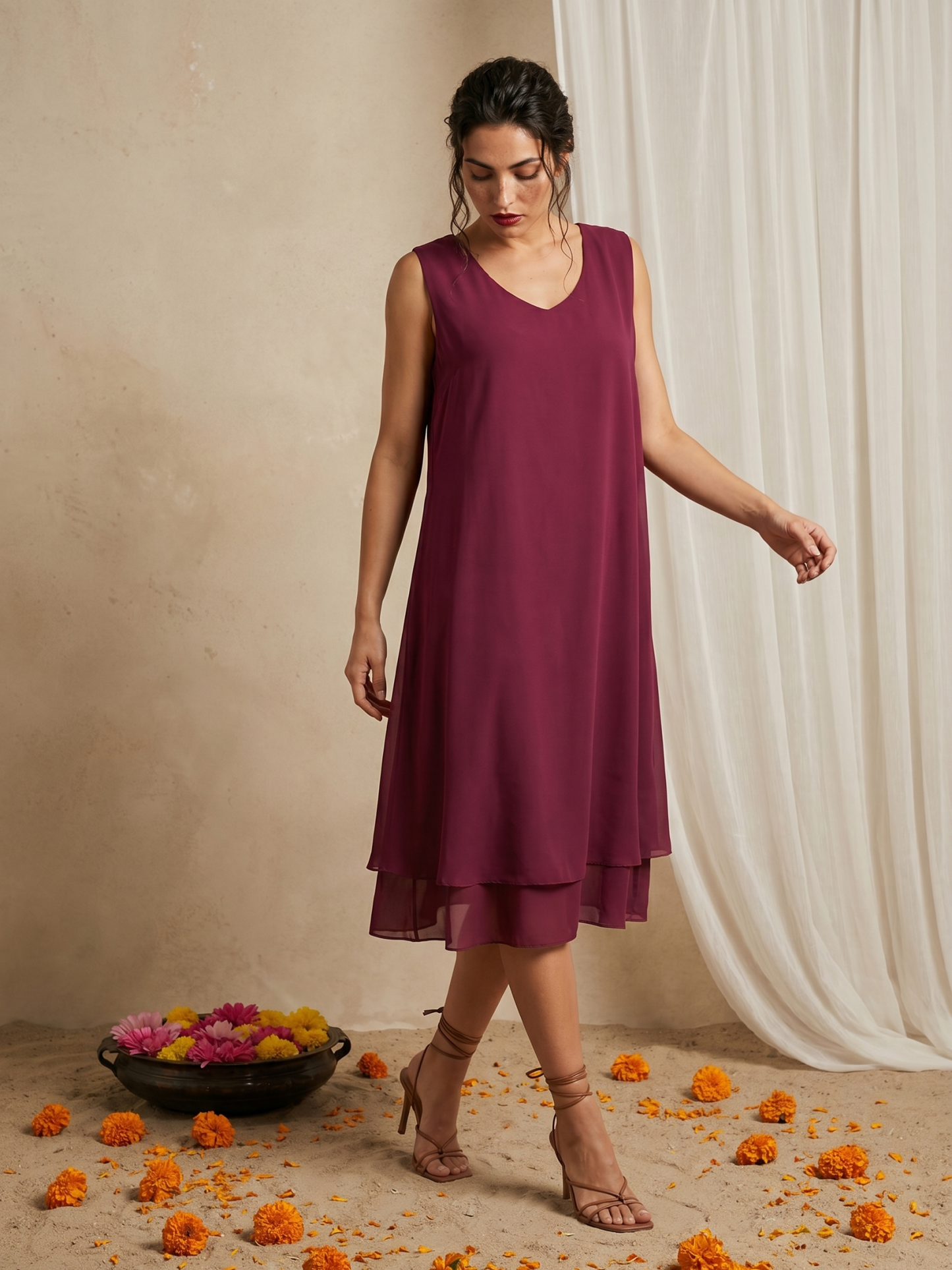 Women's Plum Purple Sleeveless V-Neck Chiffon Layered Dress