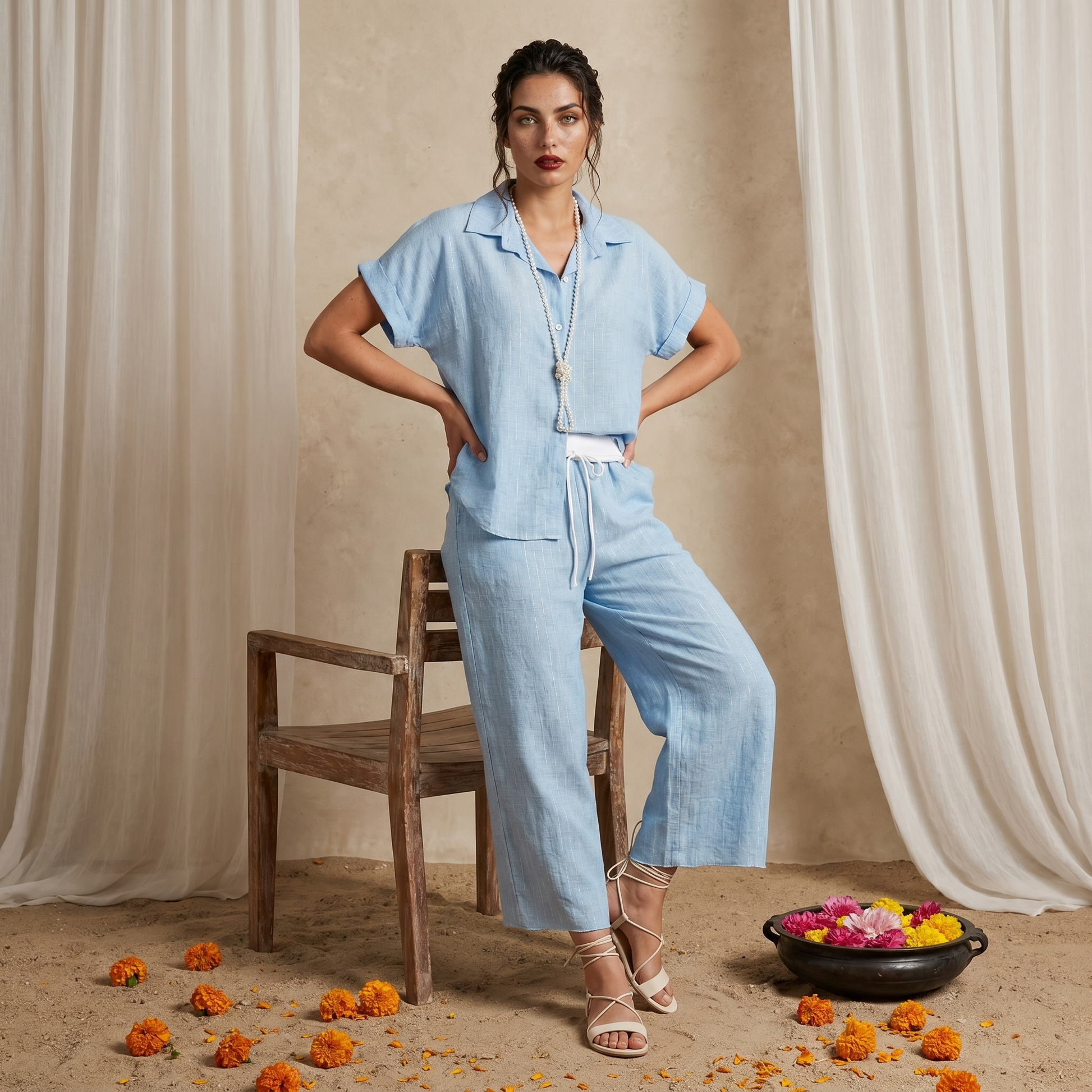 Women's Light Blue Striped Linen Two-Piece Set - Short Sleeve Shirt & Wide Leg Pants