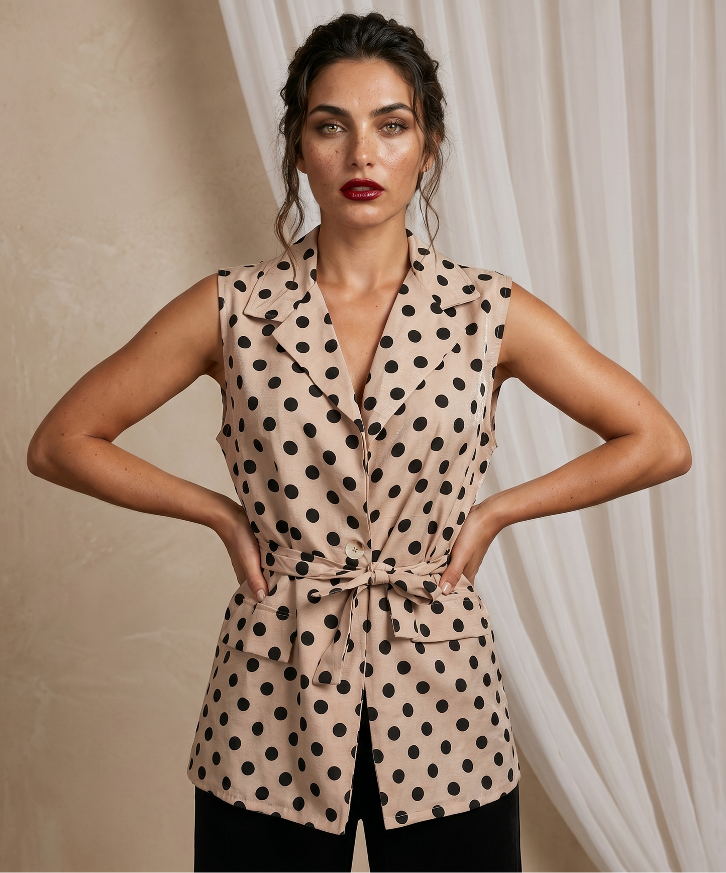 Women's Beige Polka Dot Sleeveless Wrap Blouse with Tie Waist
