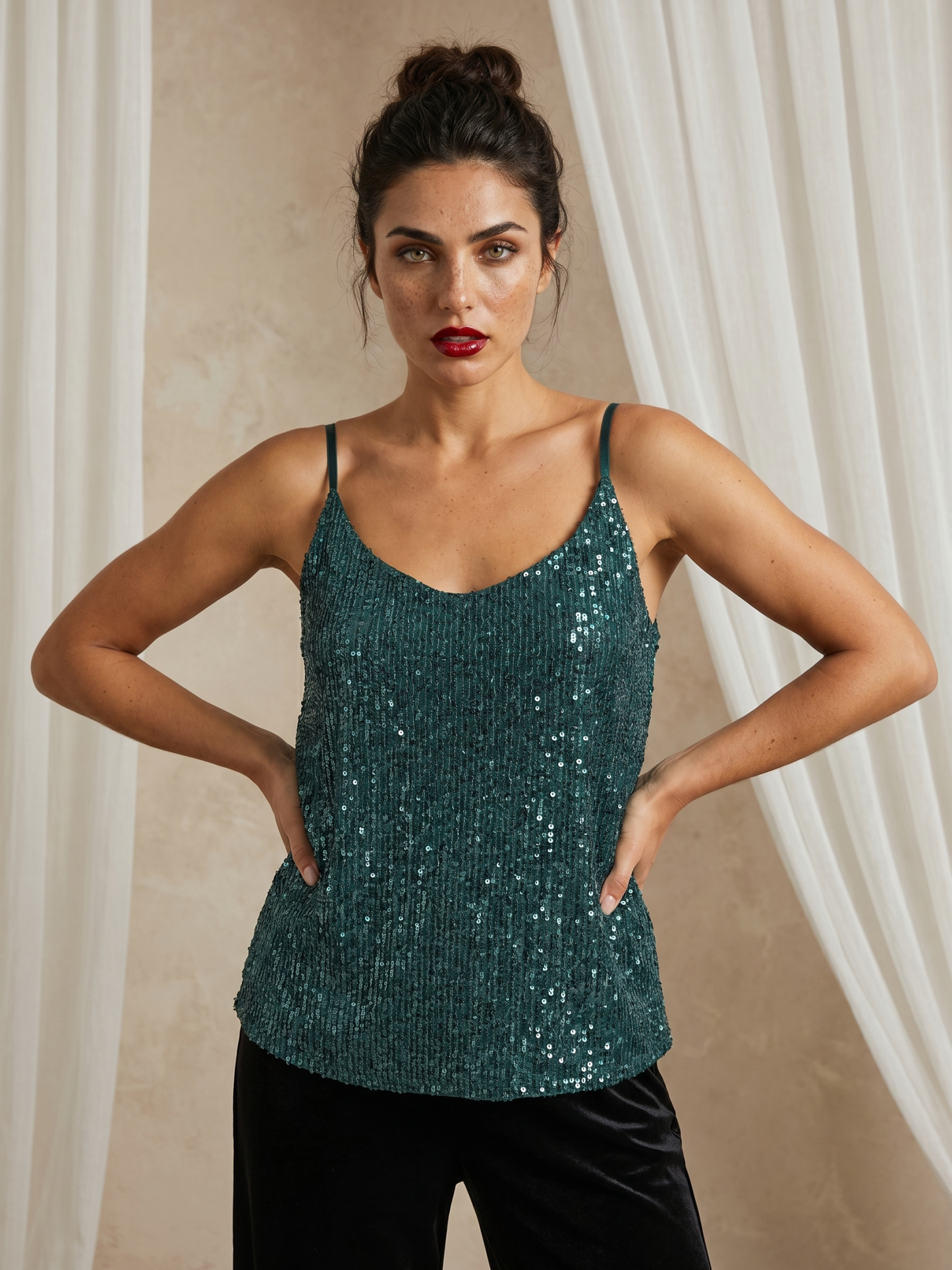 Women's Emerald Green Sequined Camisole Top with Adjustable Spaghetti Straps