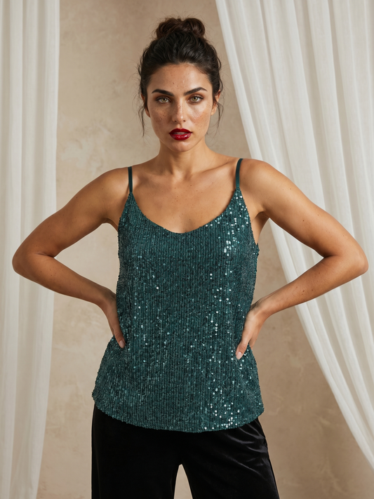 Women's Emerald Green Sequined Camisole Top with Adjustable Spaghetti Straps