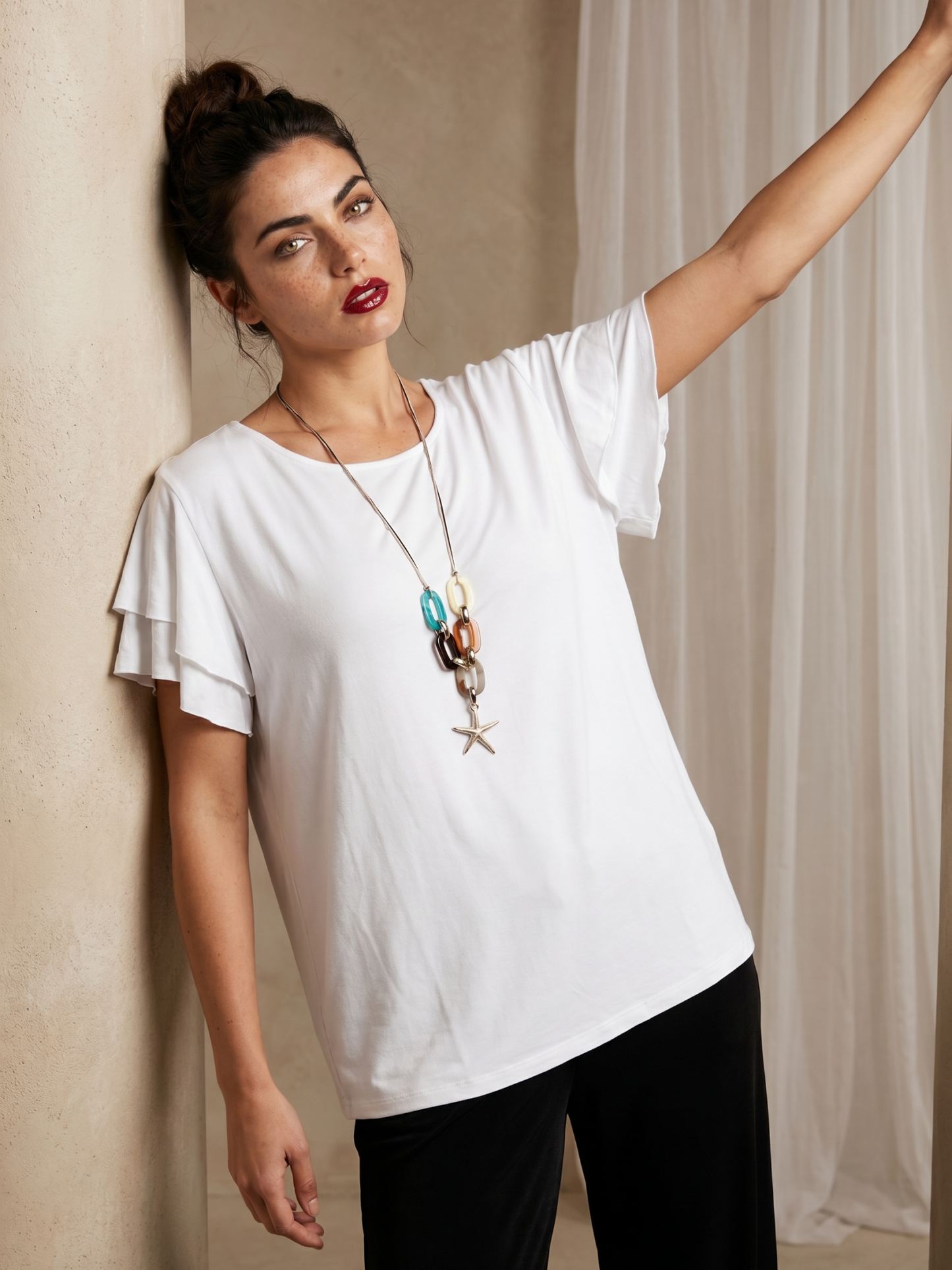 Women's White Ruffle Flutter Sleeve T-Shirt