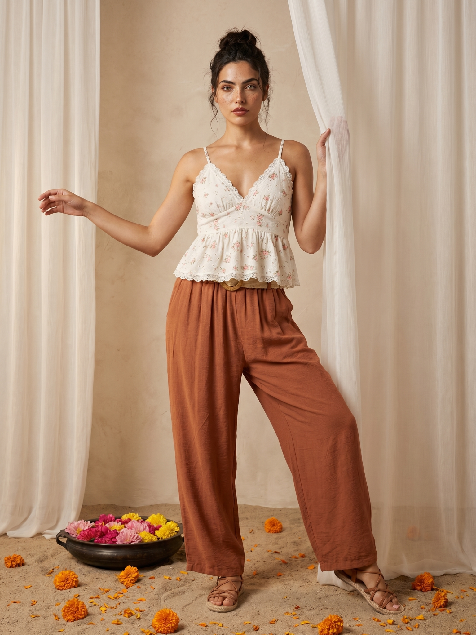 Women's Rust Orange Wide Leg Linen Pants with Woven Belt