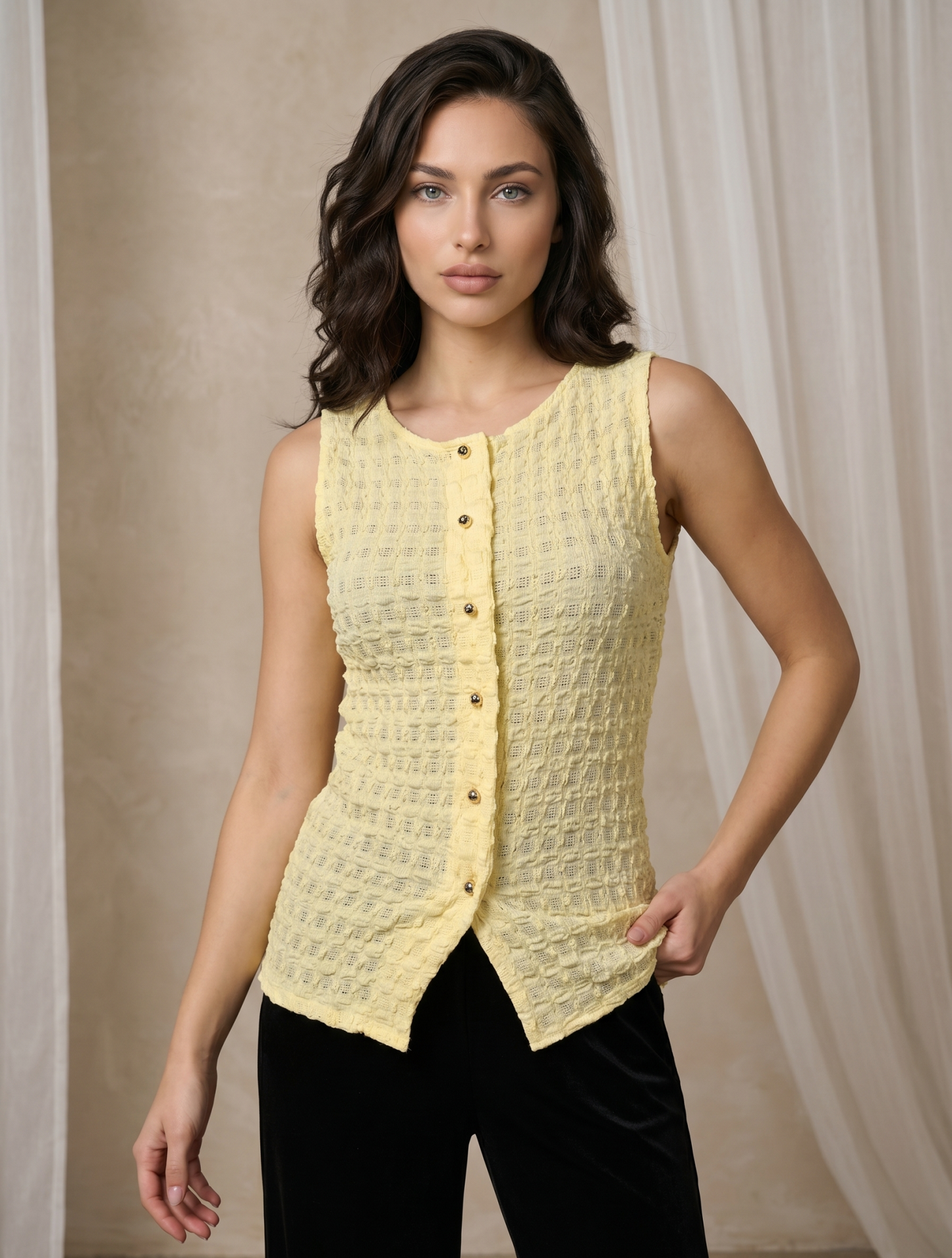 Women's Textured Yellow Sleeveless Top with Gold Button Details