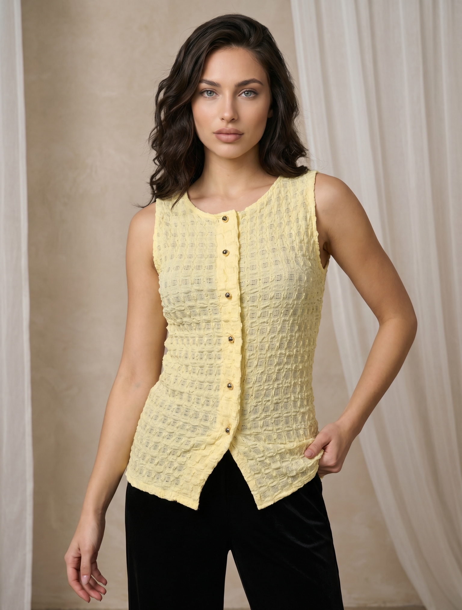 Women's Textured Yellow Sleeveless Top with Gold Button Details