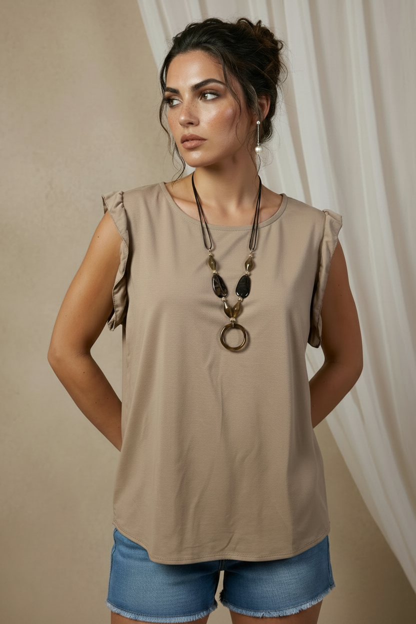 Women's Elegant Brown Ruffle Cap Sleeve Blouse