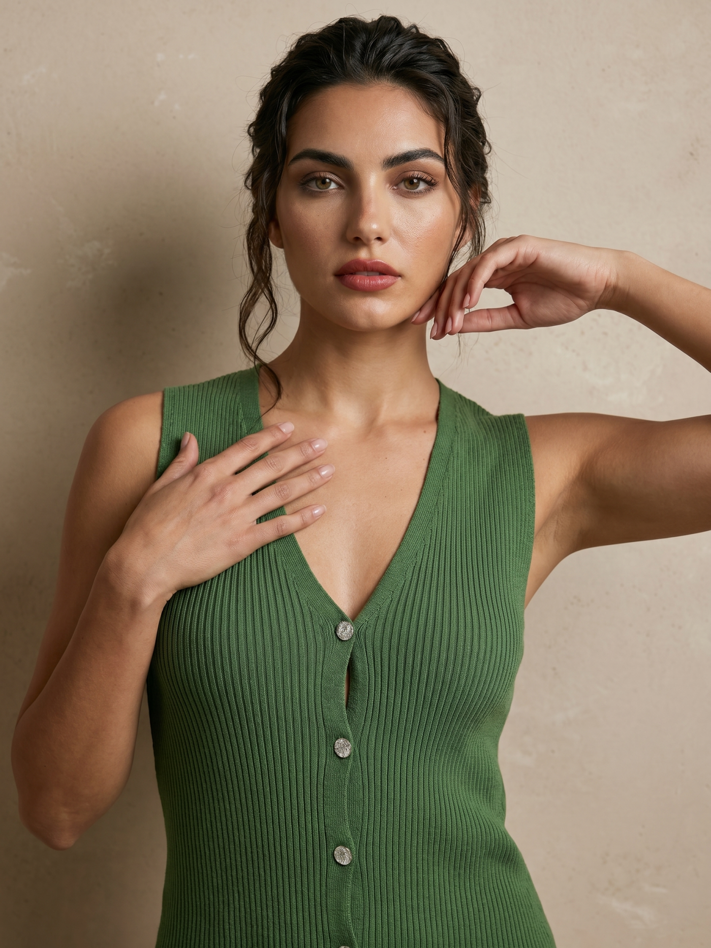 Women's Green Ribbed Knit V-Neck Tank Top with Rhinestone Buttons