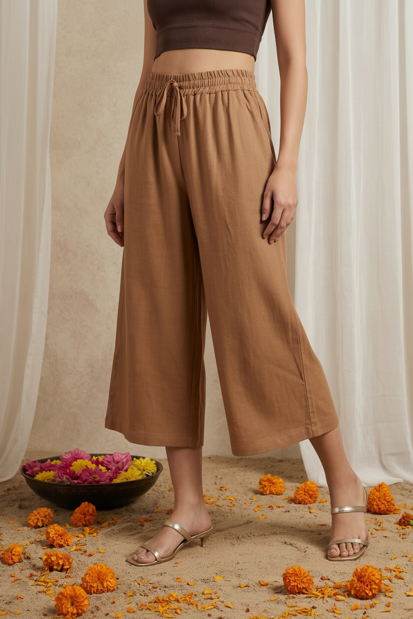 Women's Brown Wide-Leg Cropped Linen Pants with Drawstring Waist