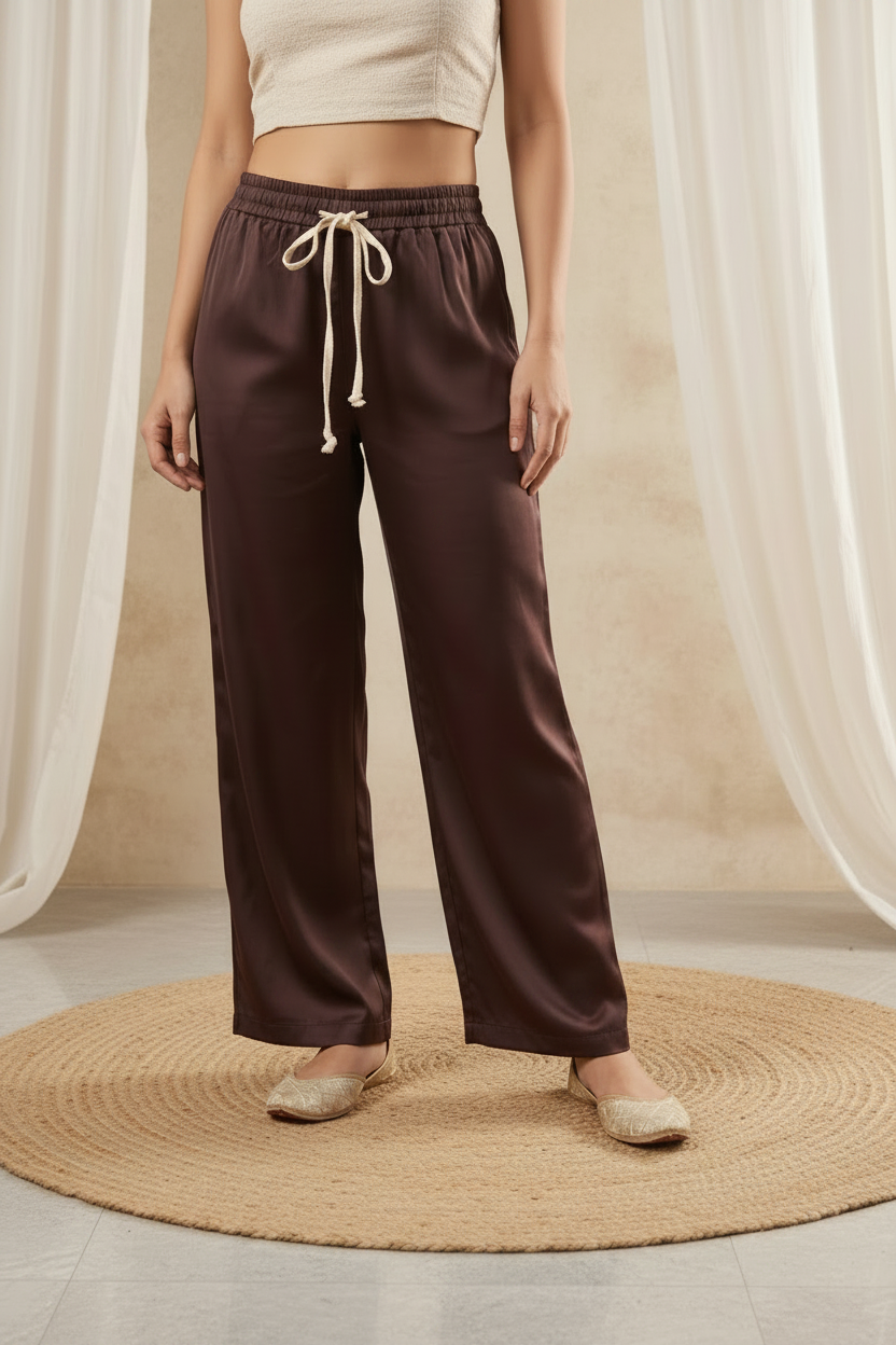 Unisex Brown Satin Wide-Leg Lounge Pants