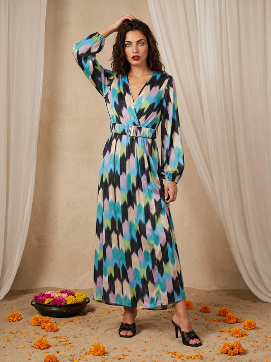 Multicolor Chevron Print V-Neck Maxi Dress with Belt
