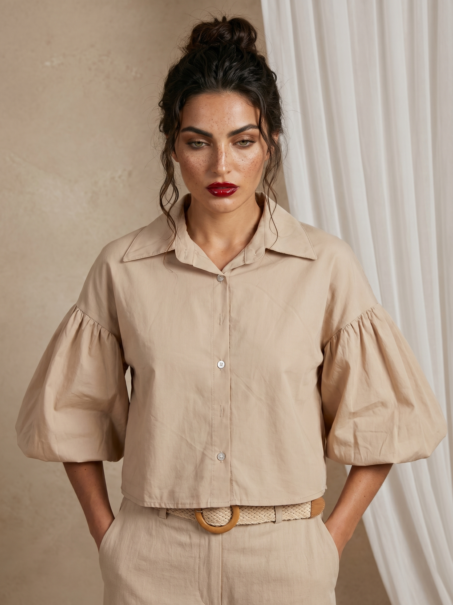 Women's Beige Balloon Sleeve Button-Down Blouse