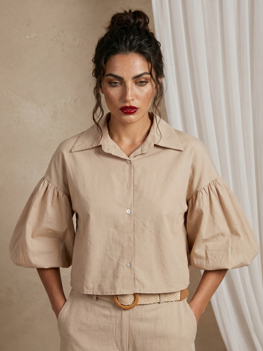 Women's Beige Balloon Sleeve Button-Down Blouse
