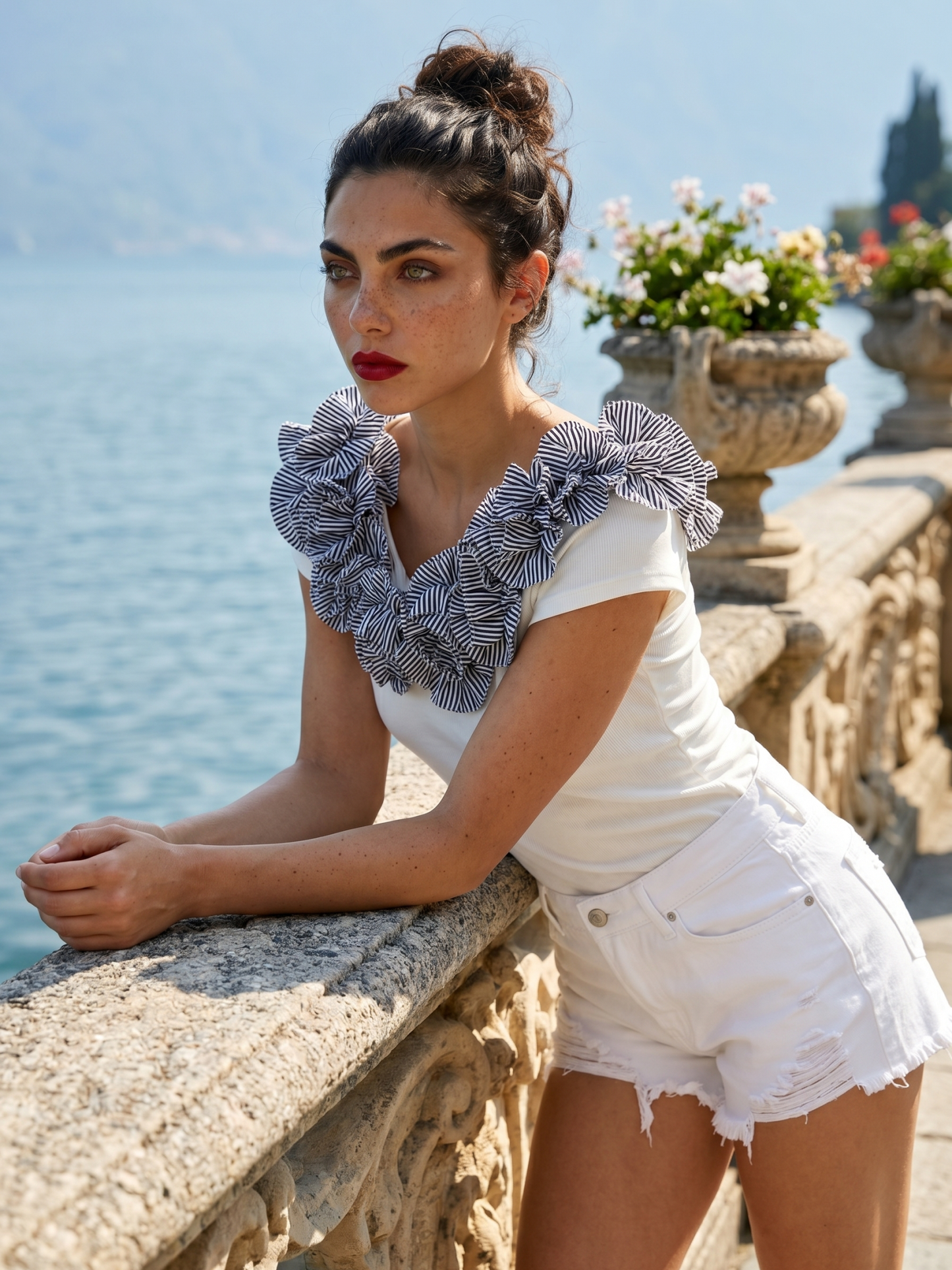 Women's White Ribbed Top with Black and White Striped Ruffle Neckline