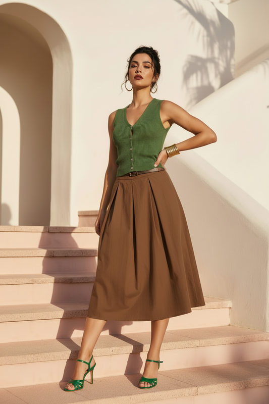 Elegant Olive Green Pleated Midi Skirt with Belt