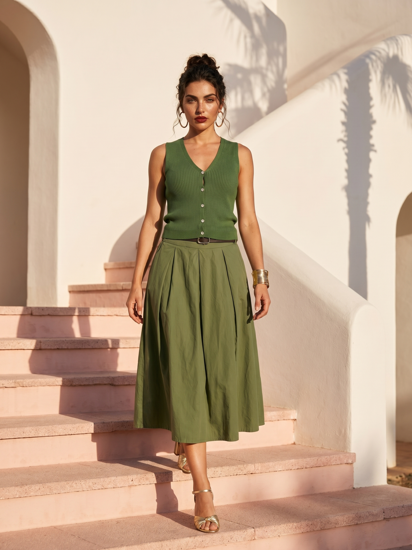 Elegant Olive Green Pleated Midi Skirt with Belt
