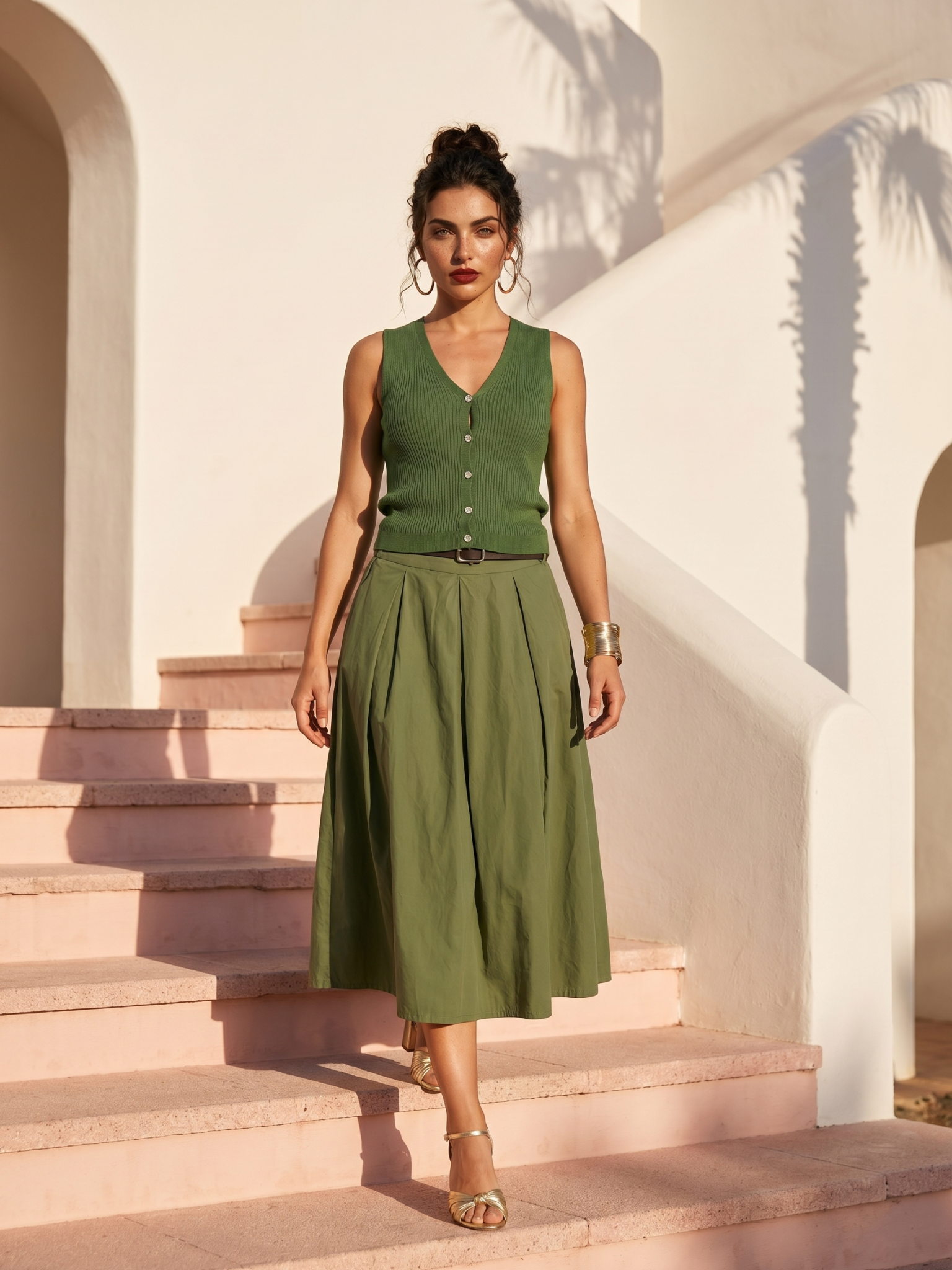 Elegant Olive Green Pleated Midi Skirt with Belt