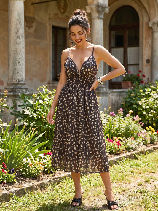 Women's Black Floral Smocked Empire Waist Midi Dress