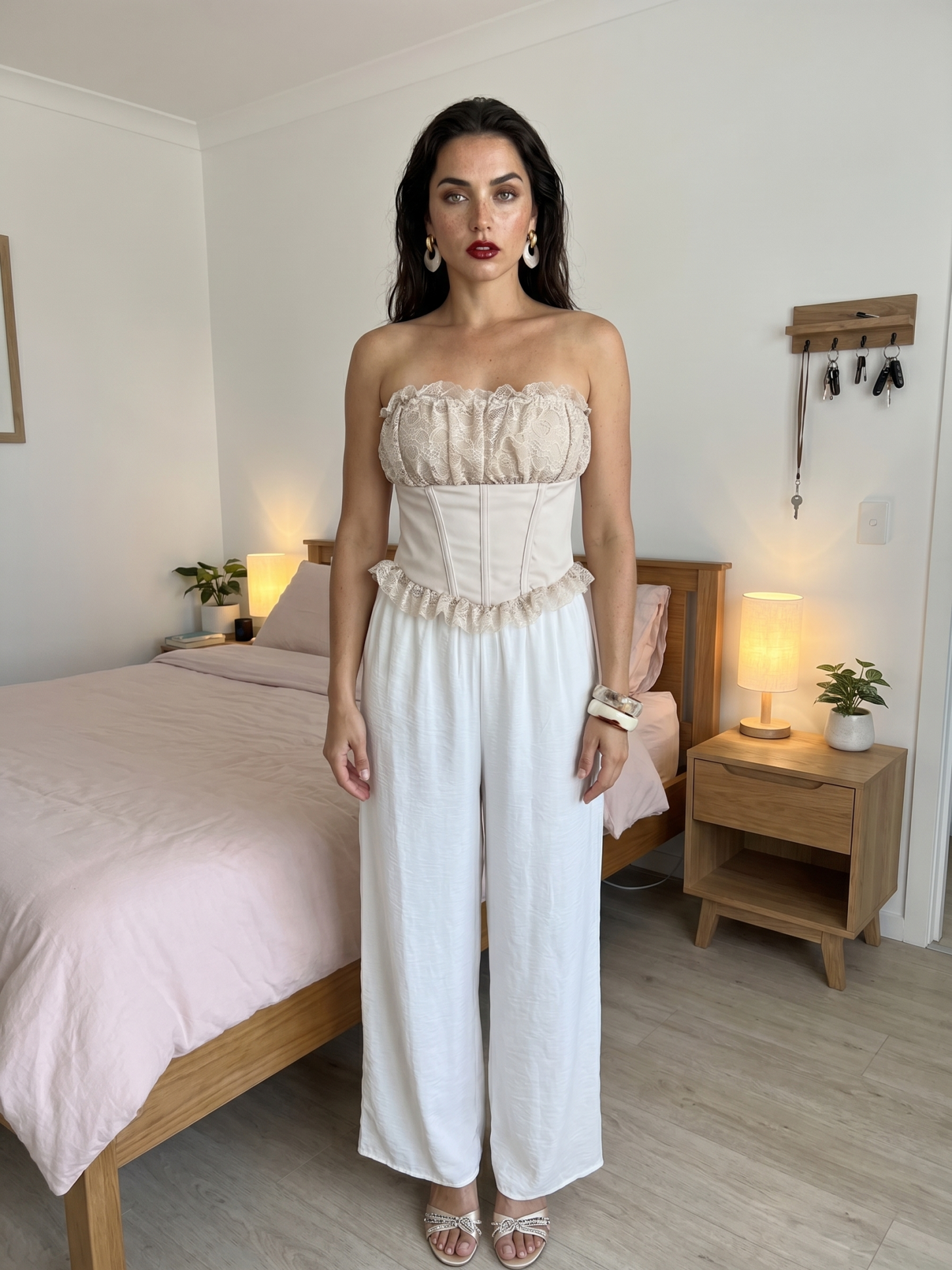Women's White Crinkle Wide-Leg Pants with Smocked Waistband