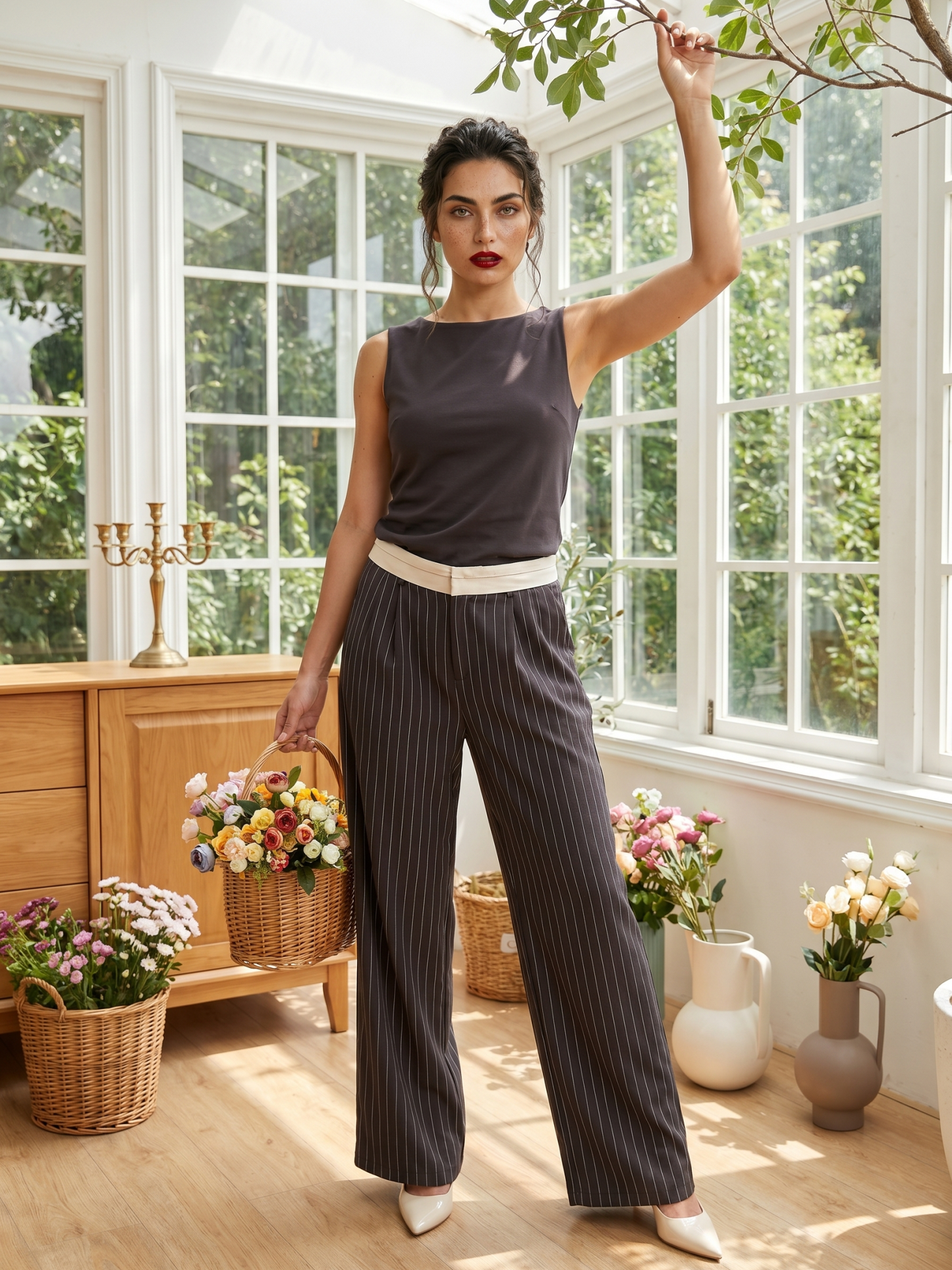 Women's High-Waisted Pinstripe Wide-Leg Trousers in Dark Brown