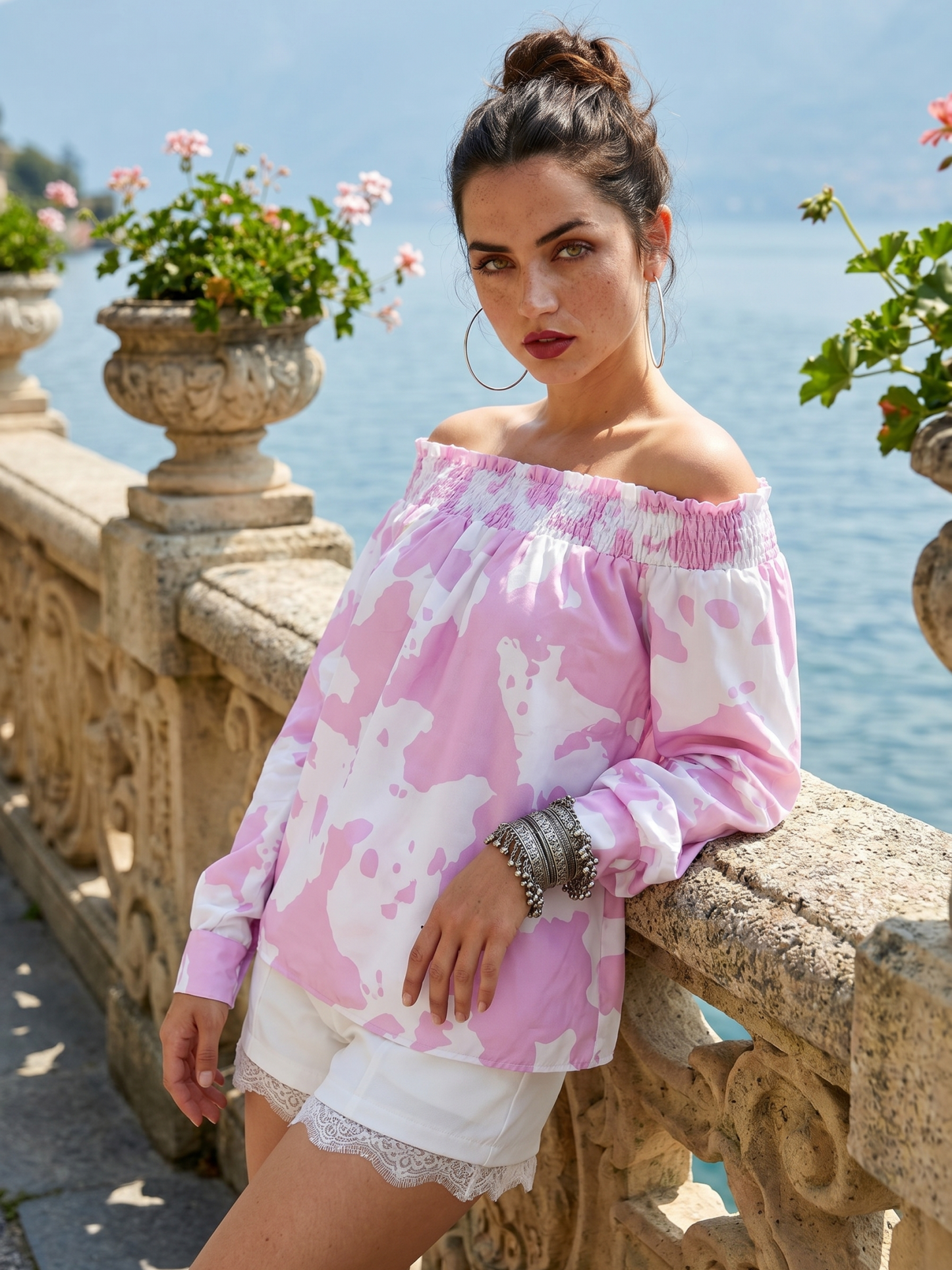 Pink and White Cow Print Off-the-Shoulder Blouse