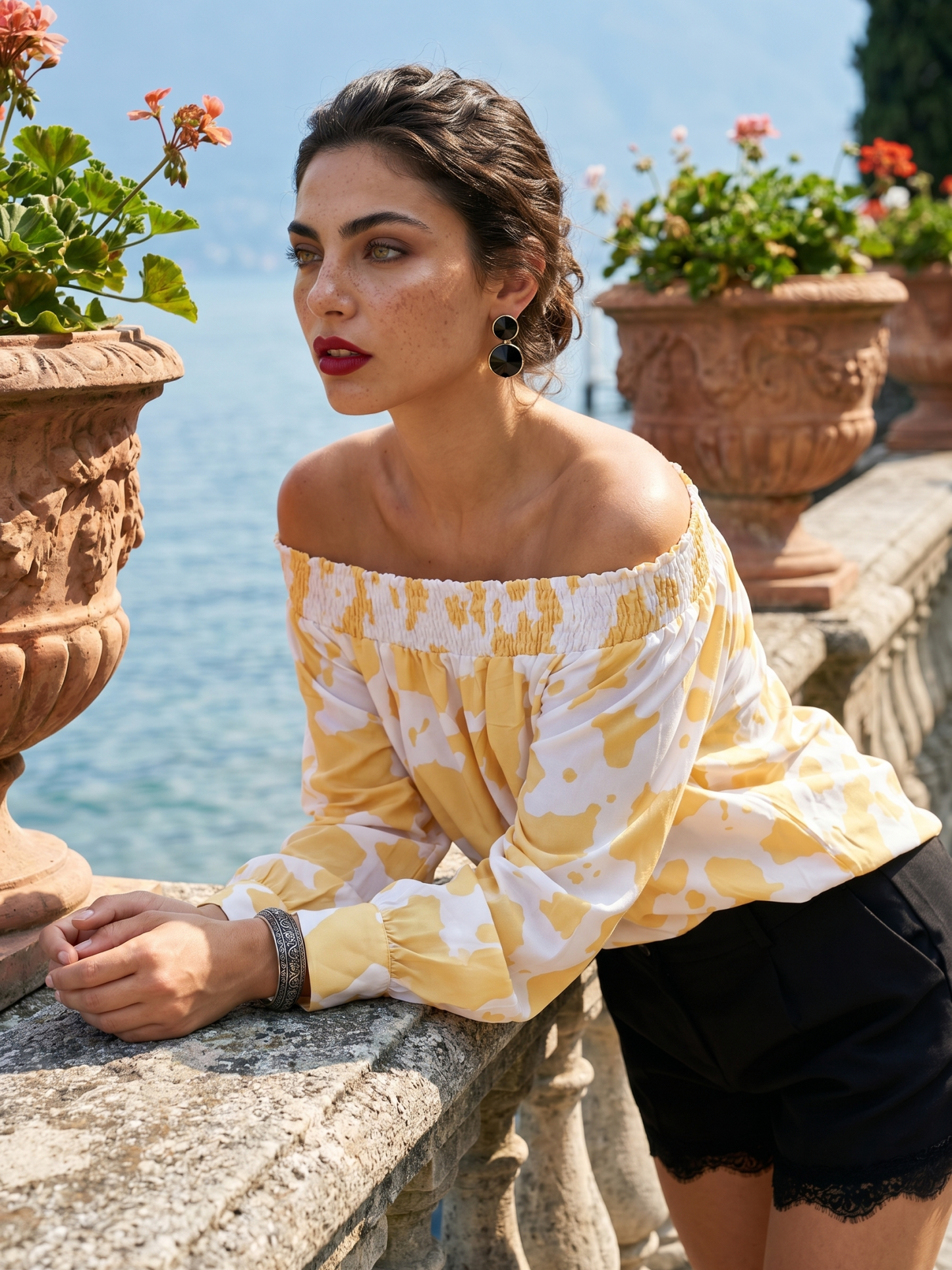 Women's Yellow and White Cow Print Off-the-Shoulder Blouse
