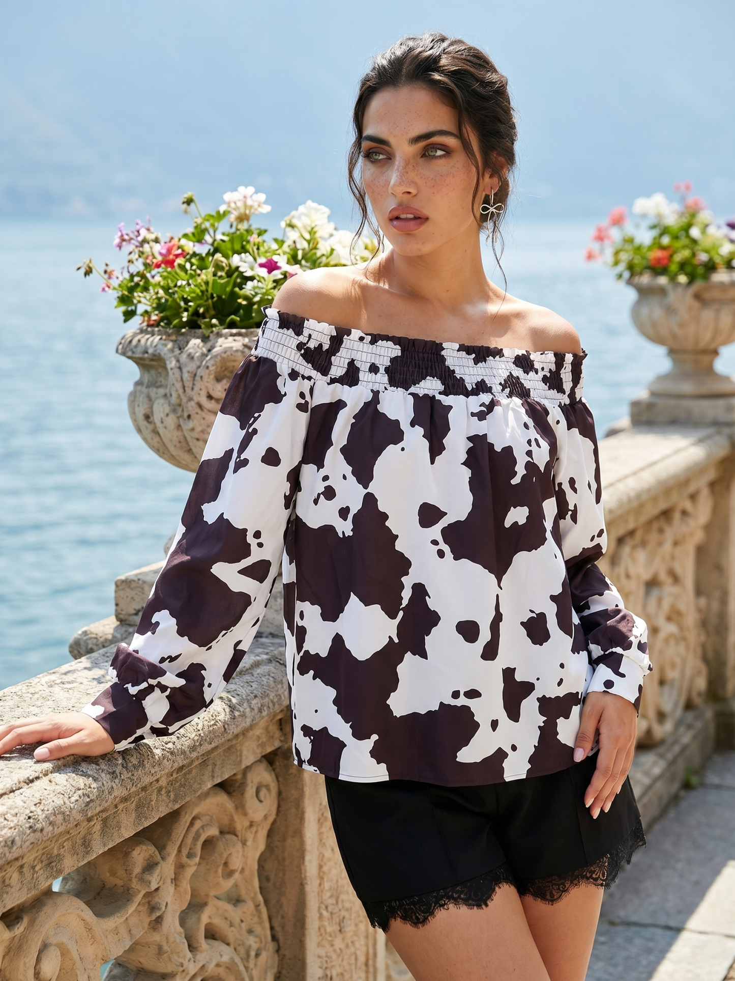 Women's Cow Print Off-The-Shoulder Long Sleeve Blouse