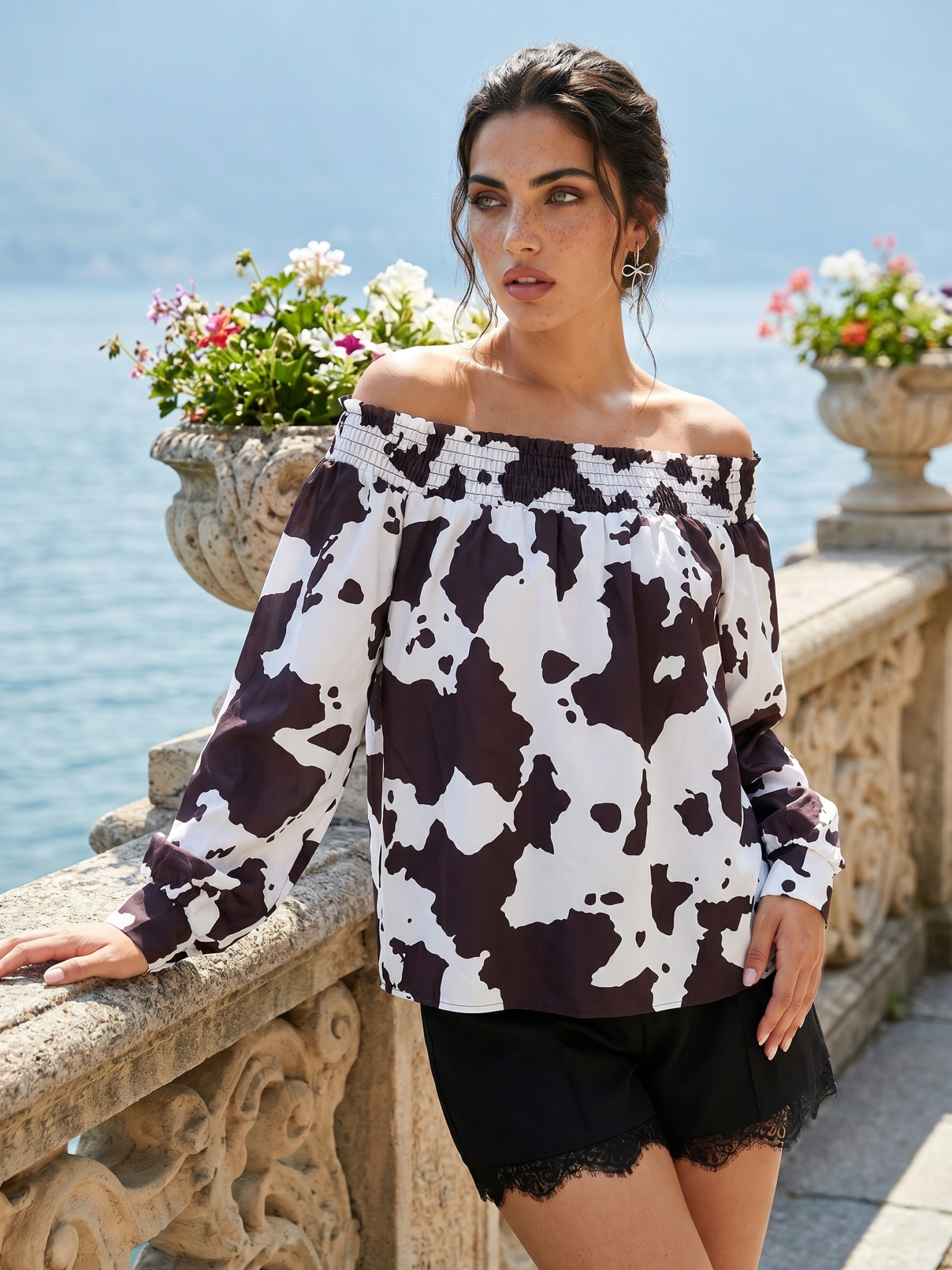 Women's Cow Print Off-The-Shoulder Long Sleeve Blouse